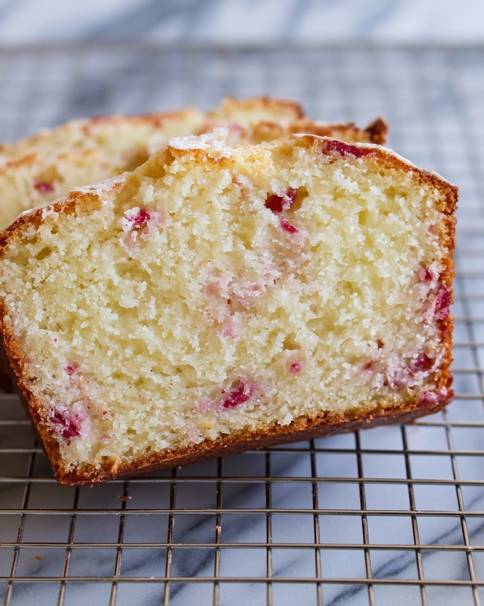 The image shows a close-up of a thick slice of bread or cake with a light, pale yellow inside filled with small red fruit pieces scattered evenly throughout. The crust is golden-brown and slightly crispy, outlining the soft interior. The slice is resting on a metal cooling rack, and the background has a white marbled texture. The texture of the cake looks moist and crumbly with visible air pockets. photo taken with an iphone --ar 4:5 --v 7