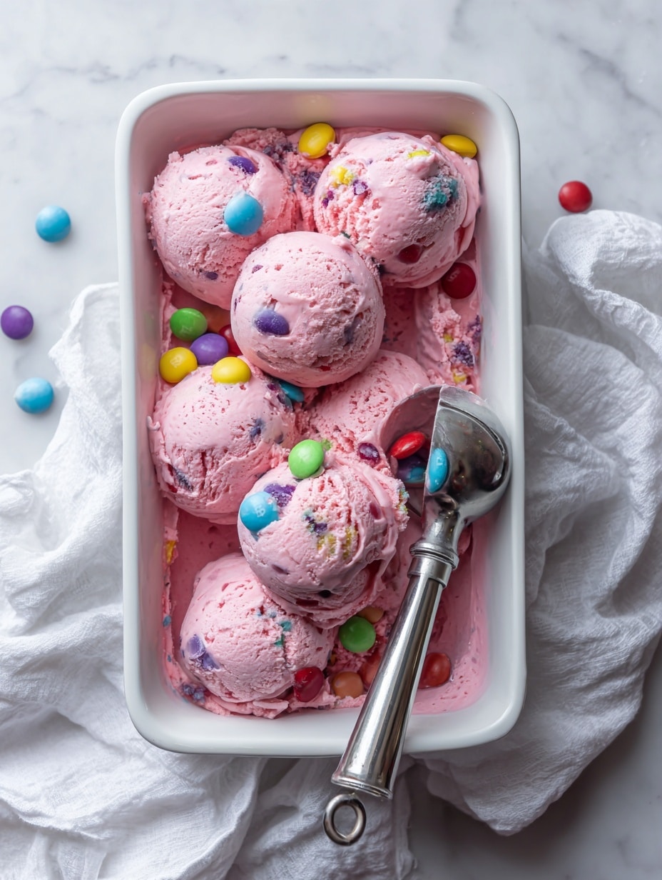 A white rectangular dish filled with several scoops of pink ice cream mixed with colorful candy pieces like green, blue, yellow, and purple scattered throughout. The ice cream appears soft and creamy, melting slightly around the edges. On the right side inside the dish, there is a metal ice cream scoop resting partly in the ice cream. The dish sits on a white cloth napkin placed over a white marbled textured surface. photo taken with an iphone --ar 4:5 --v 7