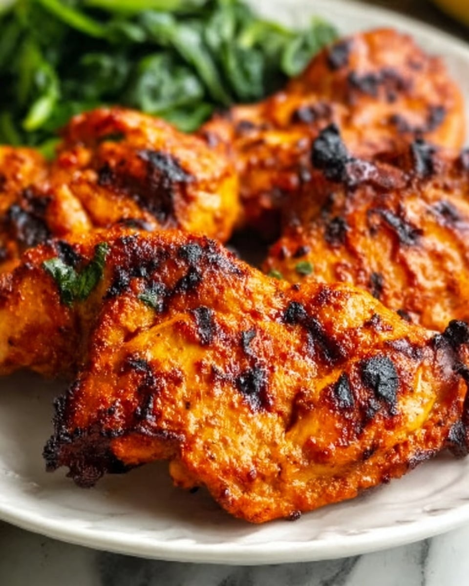 A close-up of grilled chicken pieces that are bright orange with black char marks, showing a textured, slightly crispy surface. The chicken is resting on a white plate, with part of some green spinach and a blurry side dish faintly visible in the background. The white marbled surface under the plate adds a clean, elegant contrast to the warm colors of the chicken. photo taken with an iphone --ar 4:5 --v 7