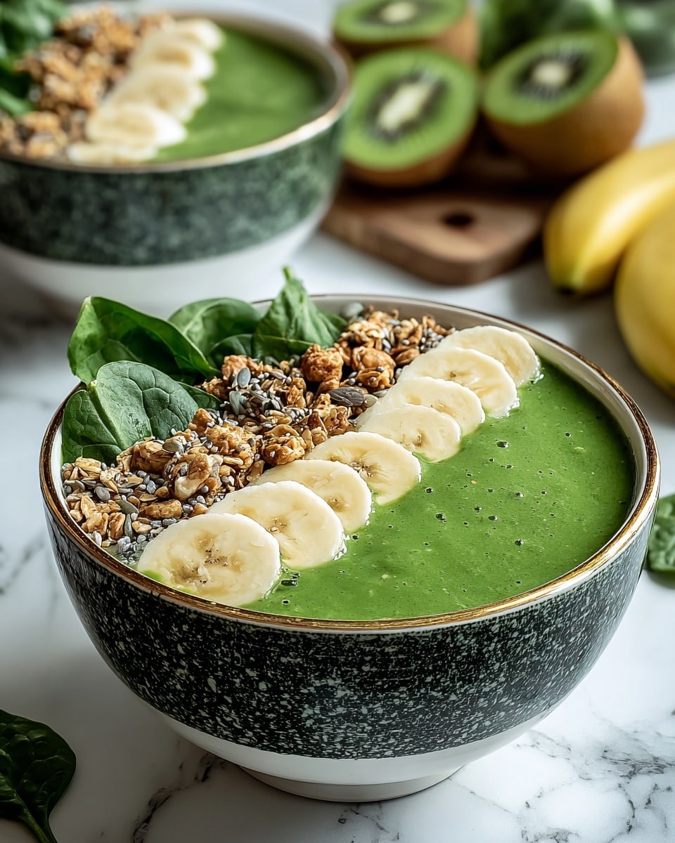 A green smoothie bowl served in a white bowl with a dark green textured outer surface and a thin golden rim. The bowl contains a thick, smooth green layer of smoothie base. On top, there is a row of three banana slices, light yellow with soft texture, resting on a line of golden and brown granola with mixed oats and seeds. Beside the granola, fresh dark green spinach leaves add a leafy texture. The bowl sits on a white marbled surface with a blurred background showing halved kiwi fruits and another similar bowl. Photo taken with an iphone --ar 4:5 --v 7