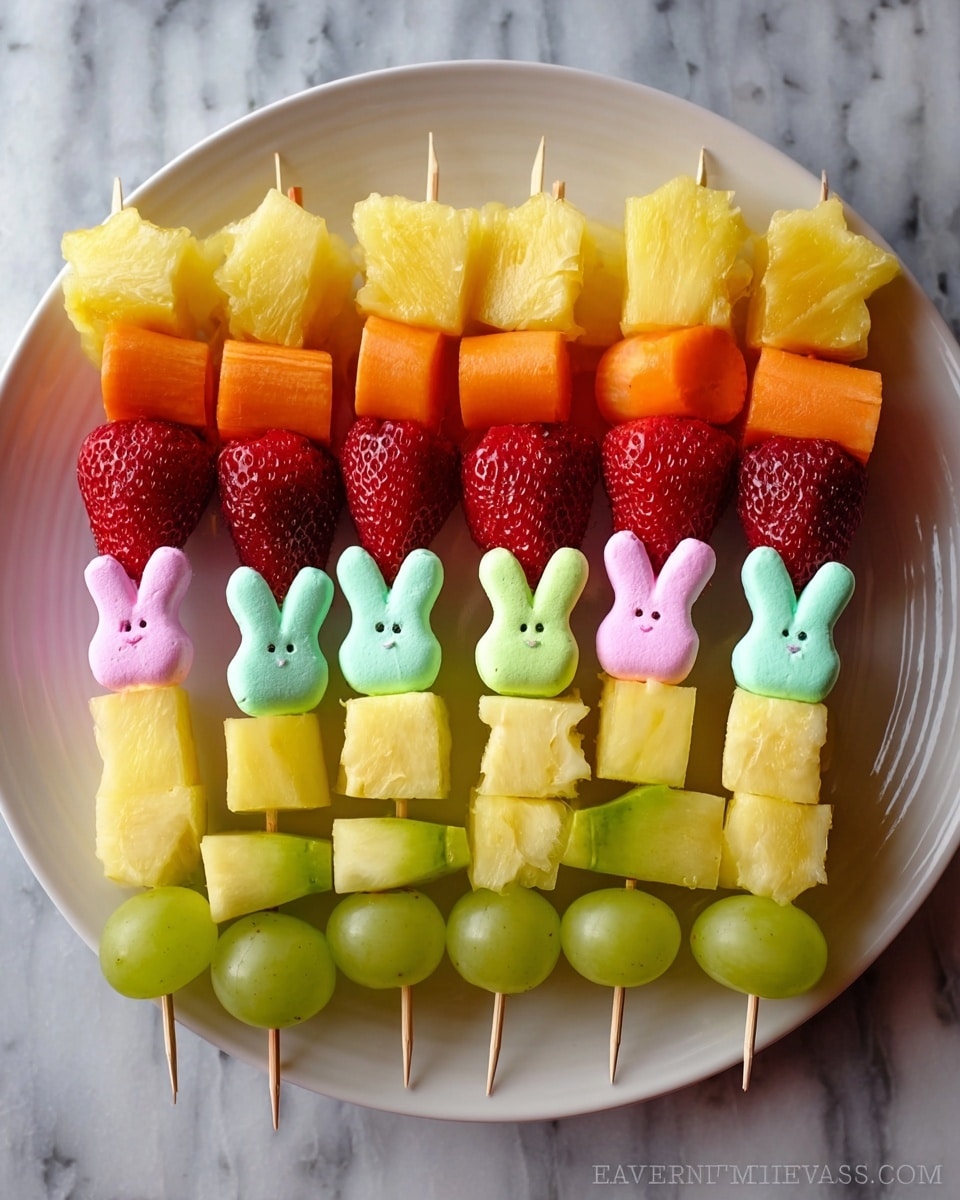 The image shows a white plate holding several fruit skewers arranged in neat rows. Each skewer has five layers from bottom to top: light green oval grapes, pale orange cantaloupe cubes, light yellow pineapple chunks, whole red strawberries, and colorful bunny-shaped marshmallows in pink, green, and yellow with tiny black dot eyes. The fruits and marshmallows are fresh and bright, creating a playful and colorful look. The plate is set on a white marbled surface, and the skewers are wooden sticks extending beyond the plate's edge. Photo taken with an iphone --ar 4:5 --v 7