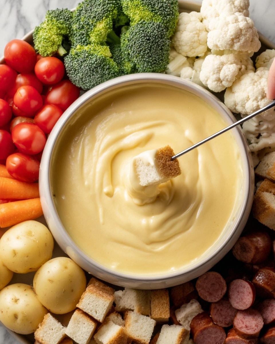 A white bowl filled with thick, creamy yellow cheese fondue sits in the center of a white marbled surface, surrounded by an assortment of colorful dipping items. The fondue shows smooth swirls, with a woman's hand holding a fork dipping a cube of bread into the cheese. Around the bowl, there are green broccoli, white cauliflower, green and red small potatoes, red cherry tomatoes, red and brown sliced sausages, and white bread cubes arranged in a circle. The vibrant colors of the vegetables and bread contrast with the creamy cheese in the middle. photo taken with an iphone --ar 4:5 --v 7