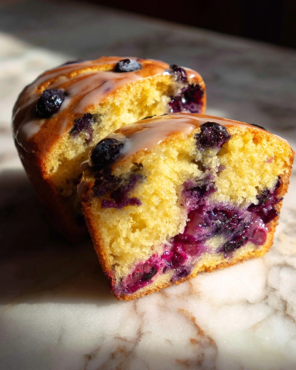 A close-up view of a moist, blueberry cake with two layers visible: the top layer is golden brown with a shiny glaze drizzled unevenly over many whole blueberries embedded in the cake, showing a soft, slightly crumbly texture with a few cracks; the bottom layer, cut and laying flat, reveals a vibrant mix of purple, blue, and red berries inside a moist, yellow crumb, with a slightly uneven surface texture. The cake pieces are placed on a white wooden board set on a white marbled surface, where light casts soft shadows. photo taken with an iphone --ar 4:5 --v 7
