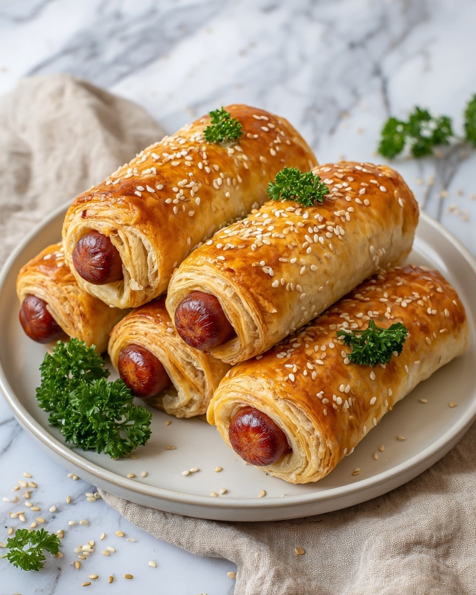 The image shows four golden-brown puff pastry rolls, each wrapped around a plump sausage, placed on a white plate. The pastries have a flaky texture with visible layers and a shiny, glazed surface sprinkled with white sesame seeds and small green parsley leaves on top. The sausages peek out from the pastry ends, showing a juicy, reddish-brown color. A small bunch of green parsley sits beside the rolls on the plate. The plate rests on a white marbled surface with some scattered sesame seeds and a beige cloth napkin nearby. Photo taken with an iphone --ar 4:5 --v 7