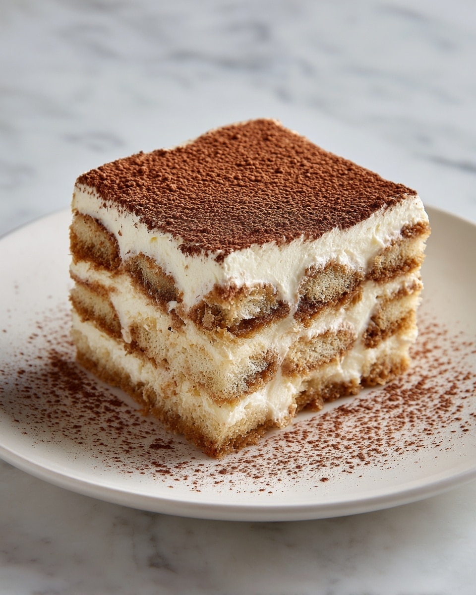 A square slice of tiramisu sits in the center of a white plate on a white marbled surface. The dessert has five visible layers, alternating between light brown coffee-soaked cake and a creamy white mascarpone filling. The top layer is dusted evenly with a fine layer of cocoa powder that extends slightly onto the plate around the dessert. The texture of the cream looks smooth and soft, while the cake layers appear moist. photo taken with an iphone --ar 4:5 --v 7