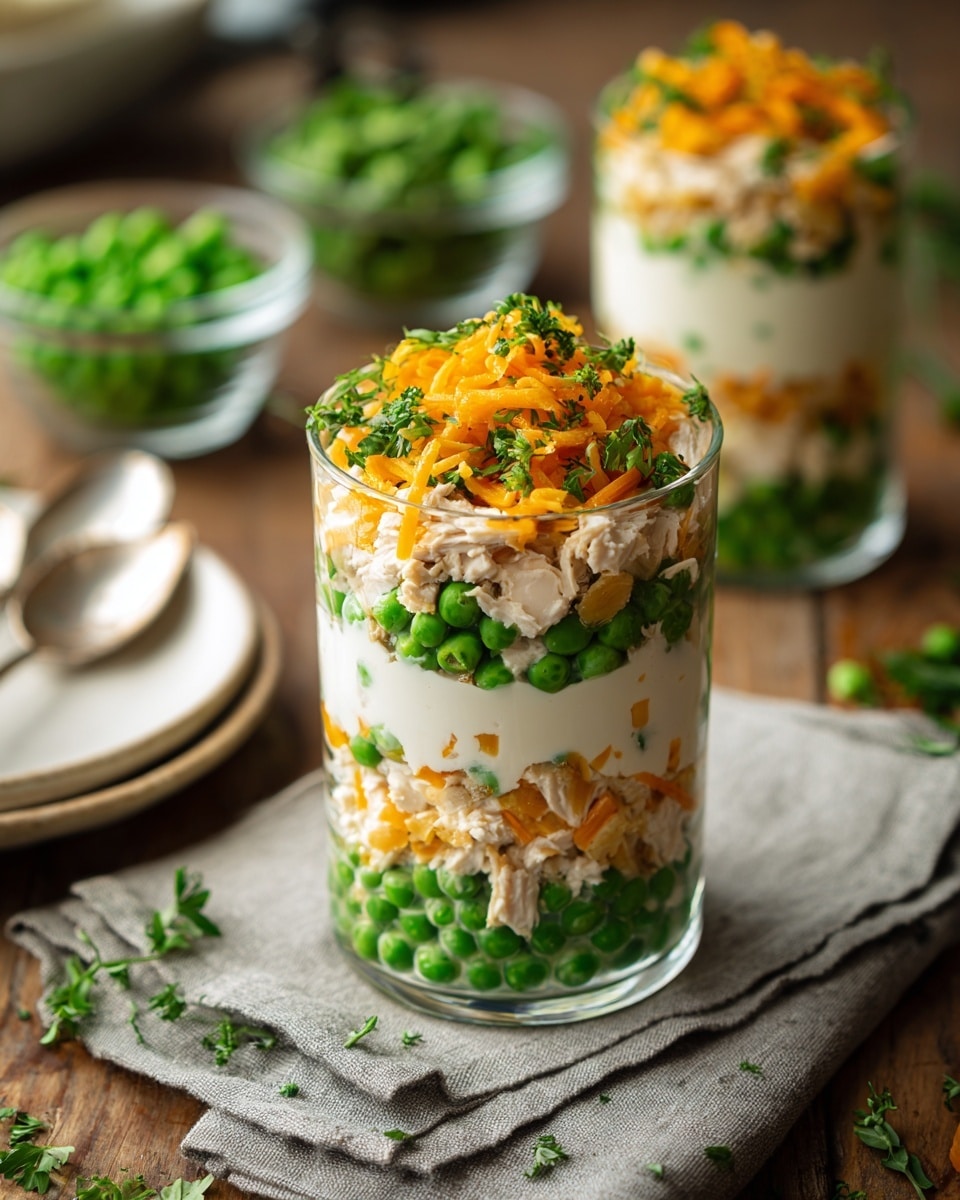 The dish is shown in a clear glass cup with five visible layers. The bottom layer is bright green peas, followed by a thin layer of diced light beige chicken mixed with green peas. Above that is a thick, creamy white layer. Next comes another layer of green peas with more small pieces of chicken, and the top layer is a mix of green peas and shredded orange cheese. The glass cups are placed on a grey cloth over a wooden surface, with a white plate and spoon in the background, surrounded by some green herbs and two glass bowls with more peas and greens. photo taken with an iphone --ar 4:5 --v 7