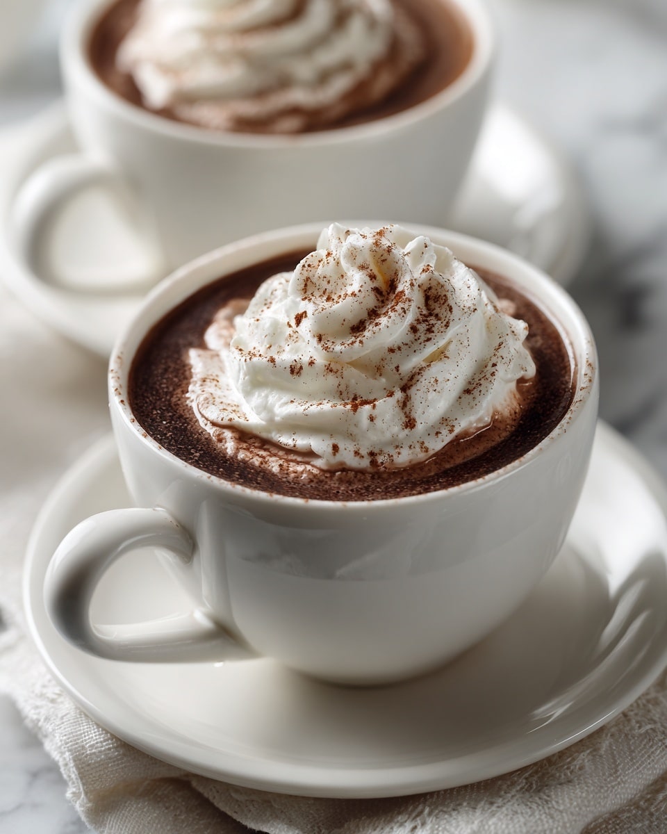 Two white cups on white saucers hold a dark brown drink, likely hot chocolate, with a thick layer of white whipped cream on top. The whipped cream is swirled in a fluffy, soft shape and lightly dusted with brown cinnamon or cocoa powder. The cups have handles, and the white marbled surface underneath adds a clean, bright background to the image. photo taken with an iphone --ar 4:5 --v 7