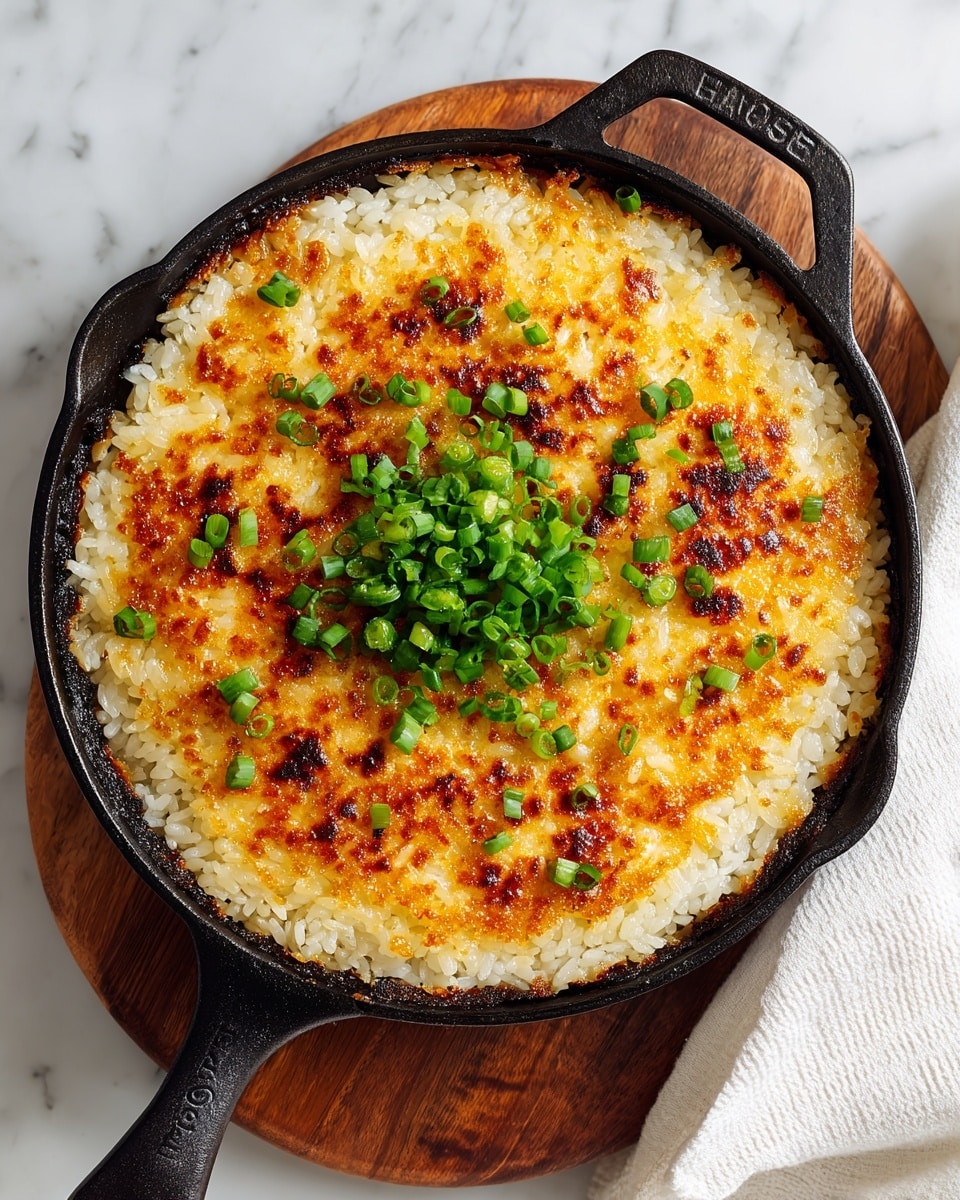 A round skillet holds a single layer of crispy rice with a golden-brown crust on top, showing small browned spots and fluffy white rice underneath; in the center, there is a small pile of chopped green onions adding a fresh bright green color contrast to the golden and white rice. The skillet sits on a wooden board over a white marbled surface with a white cloth partially visible on the right side. Photo taken with an iphone --ar 4:5 --v 7
