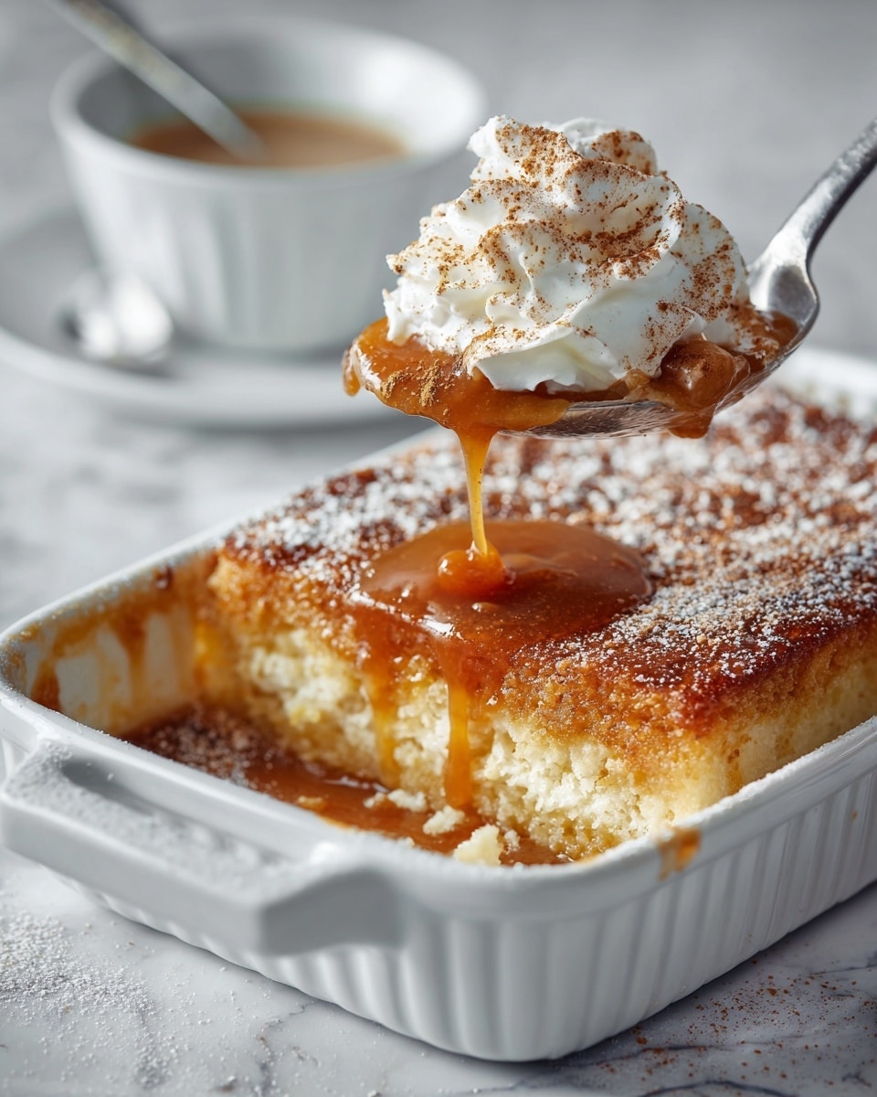 The image shows a close-up of a dessert in a white rectangular ceramic dish with handles, set on a white marbled surface. The dessert has two main visible layers: a thick, golden-brown cake layer on top with a crumbly and slightly crispy texture, dusted lightly with powdered sugar and cinnamon. Underneath, there is a thick, caramel-colored syrup layer visible where a silver spoon is lifting a piece of the dessert, topped with a dollop of white whipped cream sprinkled with cinnamon. The edges of the dish have some caramelized syrup stains. In the background, there is a blurred white cup with a spoon. photo taken with an iphone --ar 4:5 --v 7