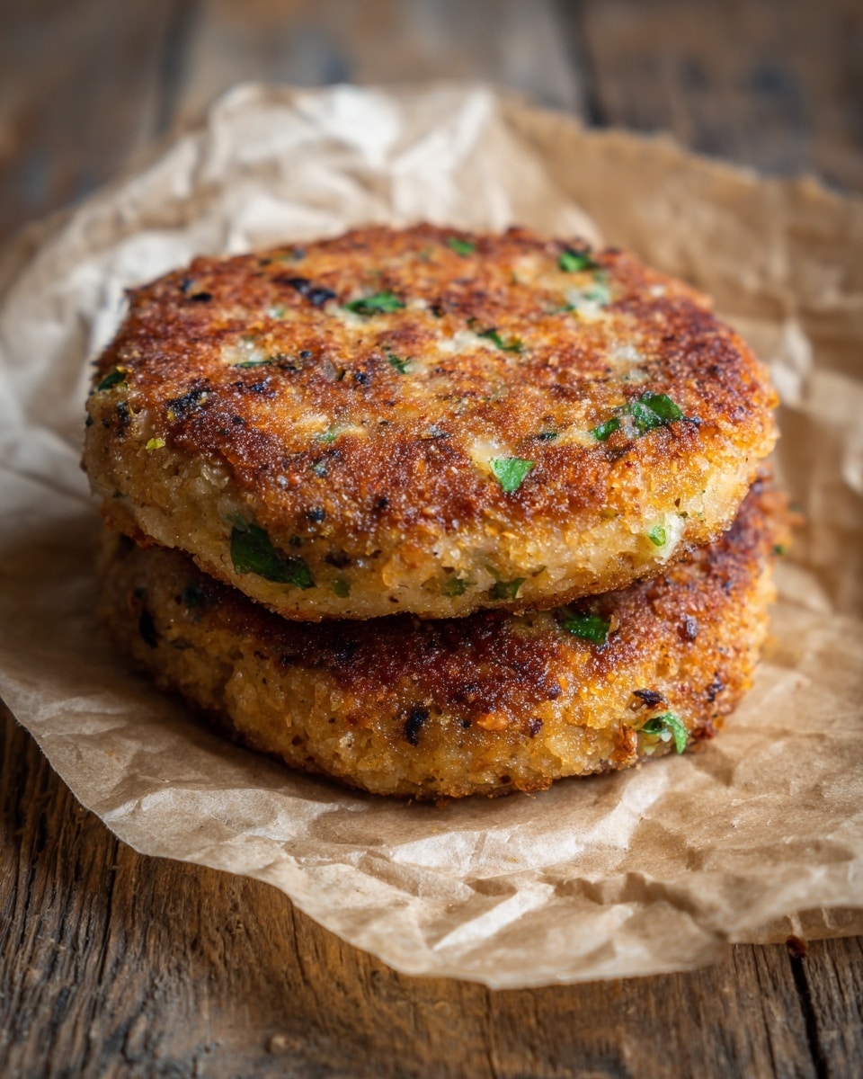 The image shows three golden-brown patties stacked on top of a piece of parchment paper. Each patty has a rough texture with visible specks of green herbs and small white chunks, giving a mix of crispy and soft areas. The top patty has some darker browned spots with a slightly uneven surface, and the green herbs are scattered evenly throughout. The background is a white marbled texture that contrasts softly with the warm color of the patties. photo taken with an iphone --ar 4:5 --v 7