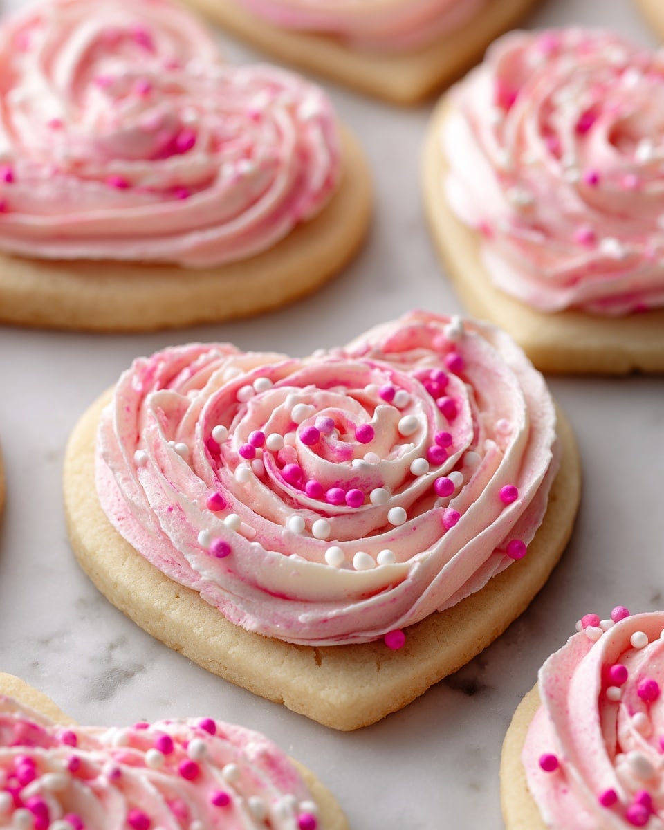 The image shows several heart-shaped sugar cookies on a white marbled textured surface, each with a single layer of light beige cookie base topped with a thick swirl of pale pink and white mixed frosting in a rosette pattern. The frosting is decorated with small white and bright pink round sprinkles evenly spread on top. The cookies look soft and slightly thick, arranged closely together, focusing on the center cookie in the front. Photo taken with an iphone --ar 4:5 --v 7