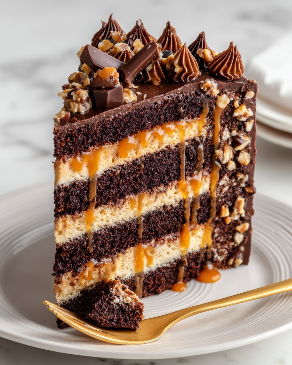 A close-up of a four-layer chocolate cake slice on a white plate with a white marbled background. The cake has alternating dark brown chocolate layers and light tan creamy layers. Between each layer, there is a glossy amber caramel drizzle mixed with bits of nuts. The outer side of the cake is coated with dark chocolate frosting, and the edge is decorated with caramel and cream swirls with some pieces of milk chocolate on the side. A gold fork holds a bite-sized piece of the cake in front of the slice. photo taken with an iphone --ar 4:5 --v 7