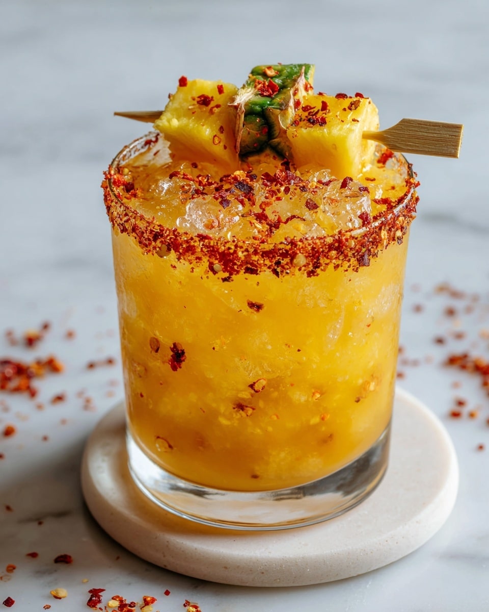 A clear glass filled with crushed ice and bright orange-yellow juice, rimmed with a red chili spice mix. On top, a small wooden skewer holds three chunky pieces of yellow fruit with green rind, also sprinkled with the red chili spice. The glass sits on a round white coaster against a white marbled background with scattered fruit pieces around it. photo taken with an iphone --ar 4:5 --v 7