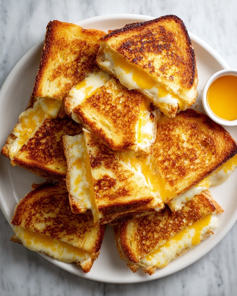 A white square plate sits on a white marbled surface holding a stack of small grilled cheese sandwiches, each with a golden brown toasted crust and melted yellow cheese oozing from the middle. The sandwiches are arranged in a pyramid shape with three on the bottom, two in the middle, and one on top. At the back right corner of the plate, there is a small white container of honey or sauce for dipping. The grilled bread has a crispy, browned texture with some darker spots, and the cheese looks soft and gooey, stretching slightly between the sandwich pieces. Photo taken with an iphone --ar 4:5 --v 7