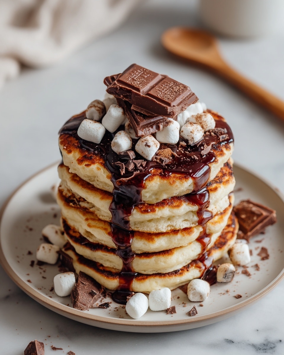 A tall stack of five fluffy pancakes sits on a white plate, each pancake golden brown with a soft, slightly uneven texture. The pancakes are drizzled generously with dark chocolate syrup that runs down the sides in thick ribbons. On top, there are many small, white marshmallows scattered, giving a soft and sugary look, along with a large piece of milk chocolate bar placed on the peak. Around the plate, a few broken pieces of the same chocolate bar rest, adding a bit of rough texture. The setting is on a white marbled surface, and a woman's hand holding a wooden utensil is partly visible to the side. photo taken with an iphone --ar 4:5 --v 7