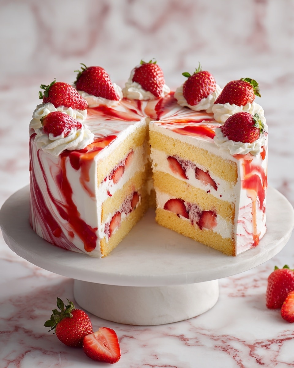 A white marble cake stand holds a three-layer cake with light yellow sponge layers; between each layer there is white cream and slices of red strawberries. The cake is covered with white cream that has swirls of red strawberry sauce on top and down the sides, creating a marbled red and white effect. The top is decorated with whole fresh strawberries placed near the edge. One slice is cut out from the cake, showing the layered inside clearly. The background is a white marbled texture with some strawberry pieces around. photo taken with an iphone --ar 4:5 --v 7