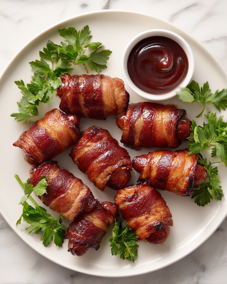 The image shows a white plate with seven shotgun shell-shaped smoked sausages wrapped in dark red, glossy bacon with a slight char on some edges. The smoky texture on the bacon is visible with the layers tightly wrapped around the sausages. In the center upper part of the plate is a small white bowl filled with thick, dark reddish-brown barbecue sauce with a smooth surface. Around the bowl and sausages, there are fresh green parsley sprigs adding a pop of color. The whole plate is set against a white marbled surface. photo taken with an iphone --ar 4:5 --v 7