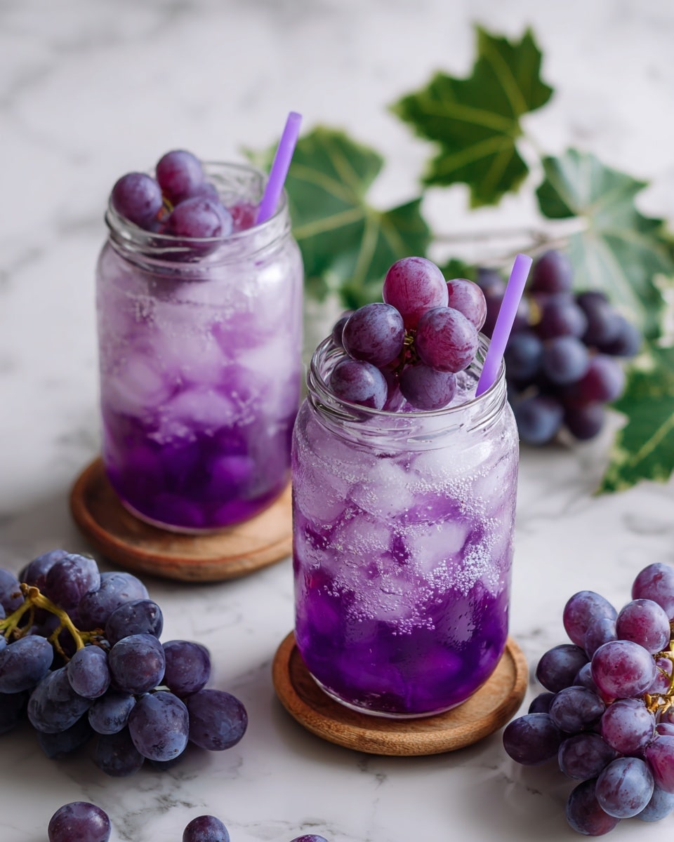 The image shows two short glass jars filled with a purple drink made of grape juice and ice cubes. Each jar has a purple straw sticking out. On top of the drink, there are whole purple grapes added as decoration. Around the jars, there are bunches of fresh purple grapes scattered on a white marbled surface. The jars are placed on small round wooden coasters, and some green leaves can be seen in the background. photo taken with an iphone --ar 4:5 --v 7
