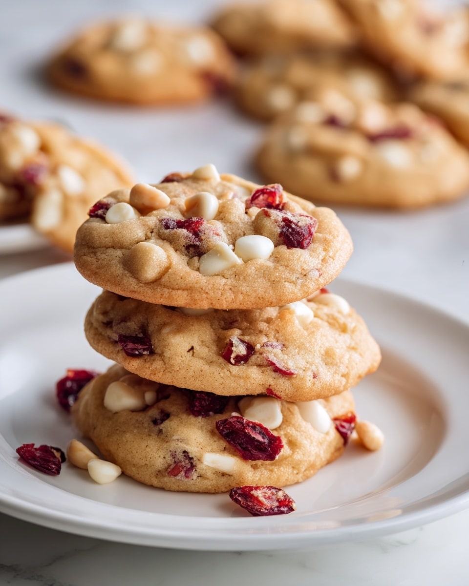 A close-up image of a white plate with three stacked cookies. Each cookie is round, golden-brown with visible red dried cranberries and white chunks of white chocolate or nuts spread throughout the dough. The cookies have a slightly cracked surface showing a soft texture inside. The background shows more cookies blurry in the distance on a white marbled surface. photo taken with an iphone --ar 4:5 --v 7