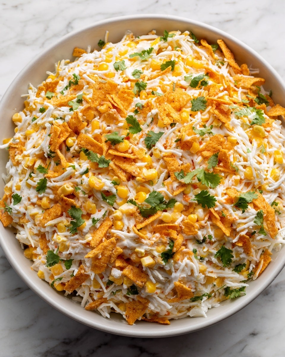 A close-up view of a bowl filled with a layered salad made of shredded white cheese, yellow corn kernels, and broken pieces of orange-colored chips mixed together. The salad is scattered with small green cilantro leaves, adding a fresh touch of color. The bowl is white, and the background has a white marbled texture. The textures show a mix of creamy cheese, crunchy chips, and juicy corn, all blended closely in the bowl. photo taken with an iphone --ar 4:5 --v 7