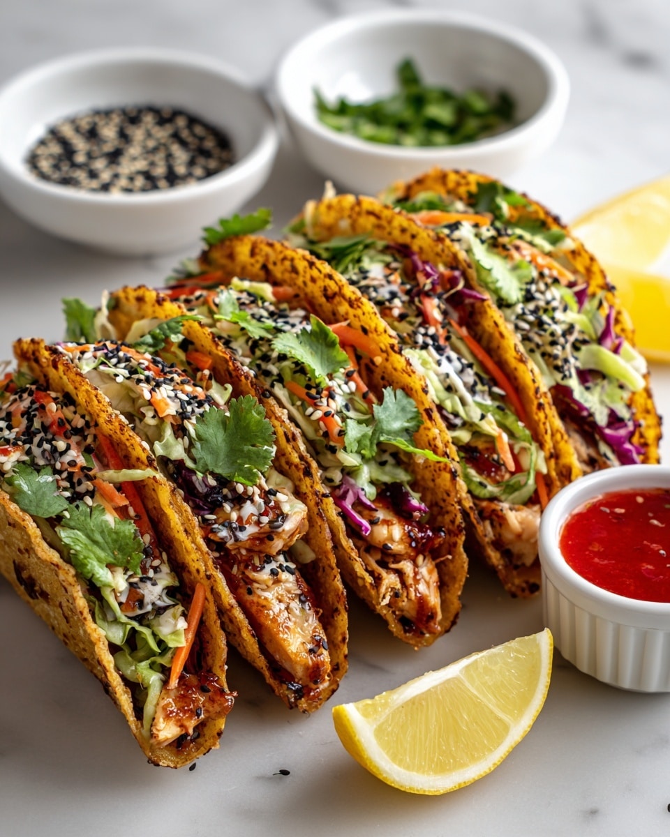 The image shows five crispy, golden-brown taco shells standing upright on a white marbled surface, each filled with a mix of creamy brown cooked chicken pieces, colorful shredded cabbage in green and purple, thin carrot strips, and fresh green cilantro leaves on top, all sprinkled with black and white sesame seeds. Behind the tacos are two white bowls, one filled with black and white sesame seeds and the other with chopped green herbs. Lemon wedges are placed around the tacos, with a small white ramekin filled with bright red sweet chili sauce positioned on the right side. The close-up shot captures the textures of the crisp shells, tender chicken, and fresh vegetables clearly. Photo taken with an iphone --ar 4:5 --v 7