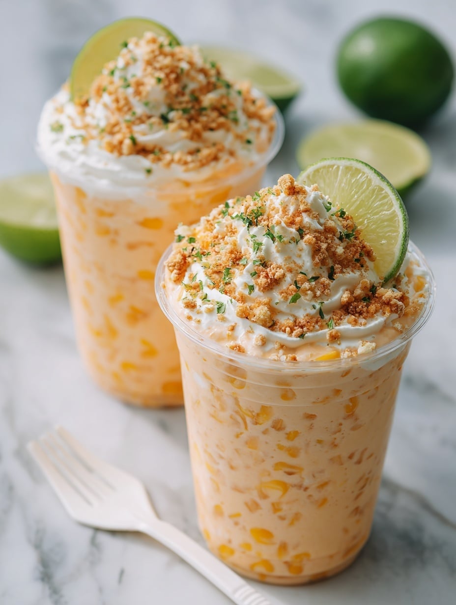 The image shows two clear cups filled with a layered pasta dish. The bottom layer is smooth and creamy with an orange color from the sauce, topped with cooked small pasta pieces mixed into the sauce. Above this, there is a layer of white cheese or creamy topping sprinkled with green herbs and small crumbles of light brown nuts or breadcrumbs. One cup has a thin slice of lime resting on the edge, adding a touch of green and freshness. The cups are placed on a white marbled surface, and a white fork is placed beside them. A woman's hand is gently holding one of the cups. The overall look is inviting and colorful with a mix of textures. photo taken with an iphone --ar 4:5 --v 7