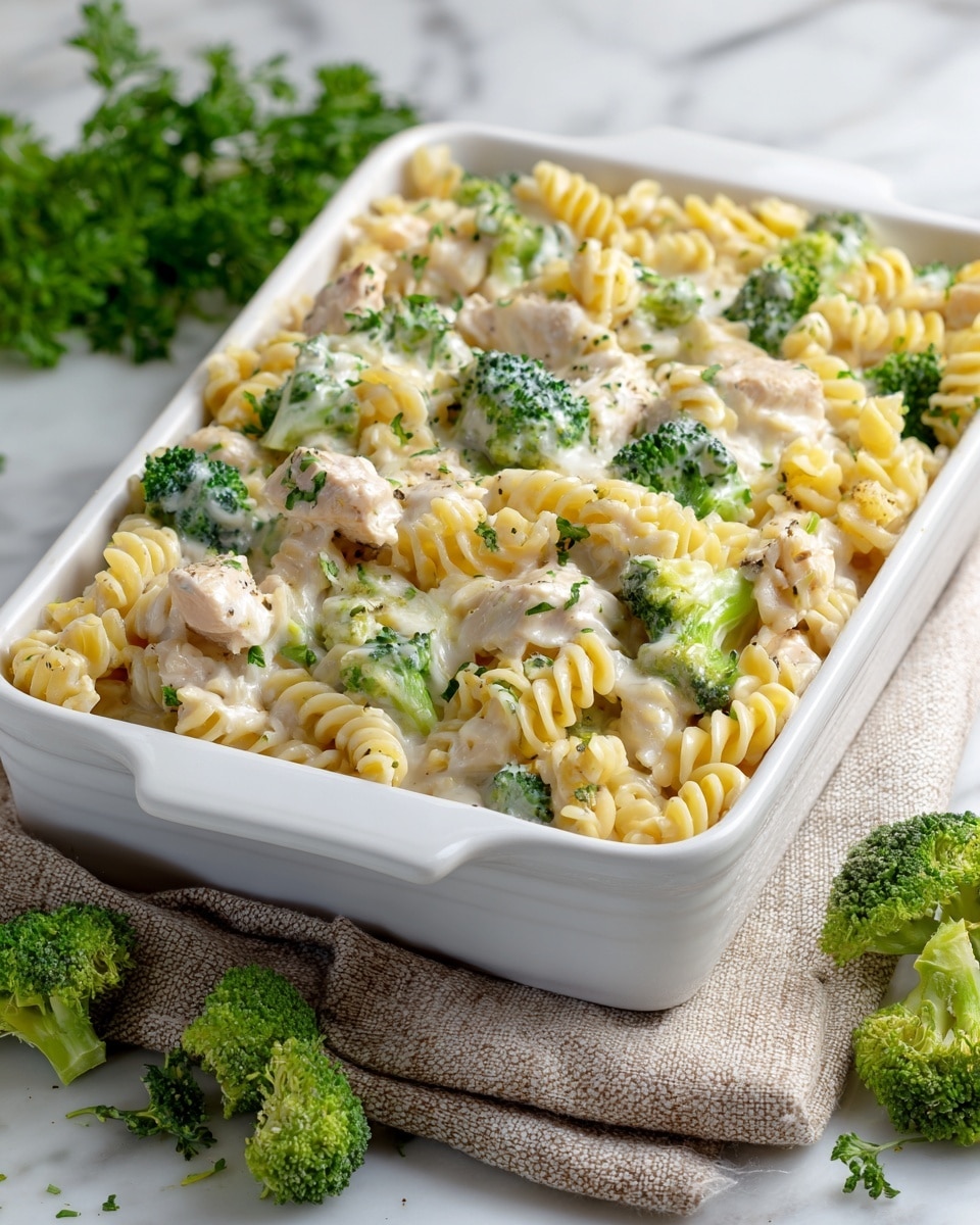 A white rectangular baking dish filled with a creamy pasta bake featuring three main layers: a bottom layer of light yellow spiral pasta, a middle layer with green broccoli florets, and chunks of white cooked chicken scattered evenly throughout. The pasta and chicken are coated in a thick, white creamy sauce with small bits of green herbs sprinkled on top. The dish is set on a beige textured cloth with fresh green broccoli pieces around it, all placed on a white marbled surface. photo taken with an iphone --ar 4:5 --v 7
