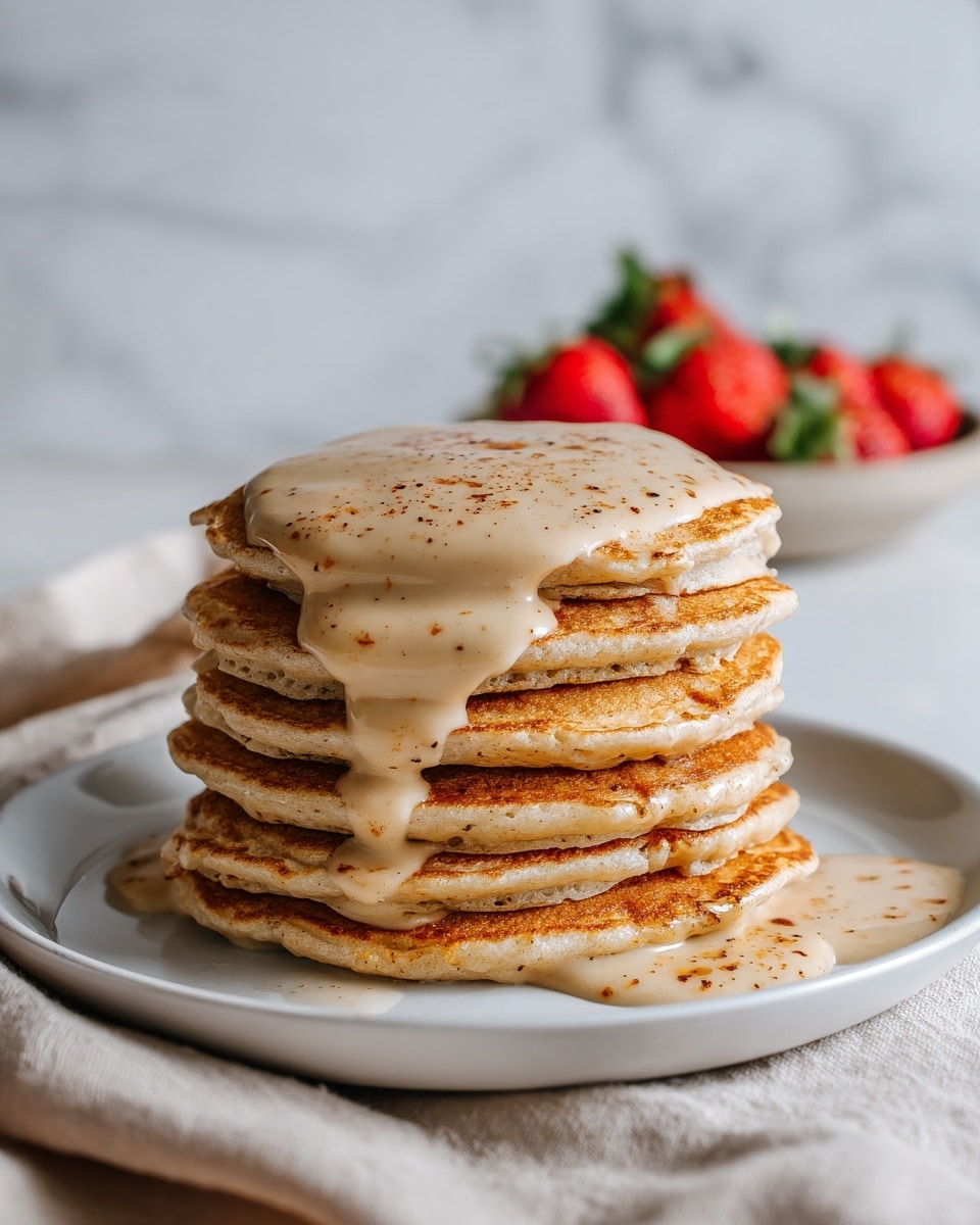 A stack of six thick, fluffy pancakes with a light golden brown color sits on a white plate, each pancake showing slight crisp edges. The top pancake is covered with a smooth, creamy beige sauce that drips slightly down the sides of the stack, with small specks of a darker spice sprinkled on the sauce and plate. In the blurred background, there are a few red strawberries with green leaves, resting on a dish. The plate is placed on a soft beige cloth over a white marbled surface. photo taken with an iphone --ar 4:5 --v 7