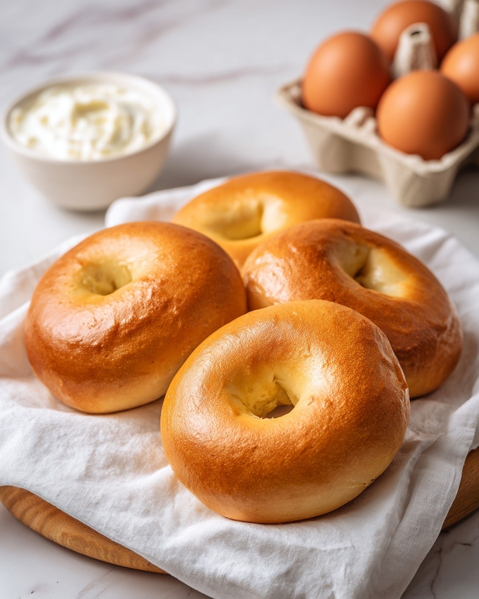 The image shows four golden-brown bagels with a smooth, shiny, and slightly crispy outer crust, placed close together on a white cloth napkin that covers a round wooden board. Each bagel has a visible inner hole and a soft, light yellow interior that looks fluffy. In the background, there is a white bowl with thick cream and a wooden box containing brown eggs, all set on a white marbled surface. The lighting captures the warm texture and slight gloss of the baked bagels perfectly. photo taken with an iphone --ar 4:5 --v 7