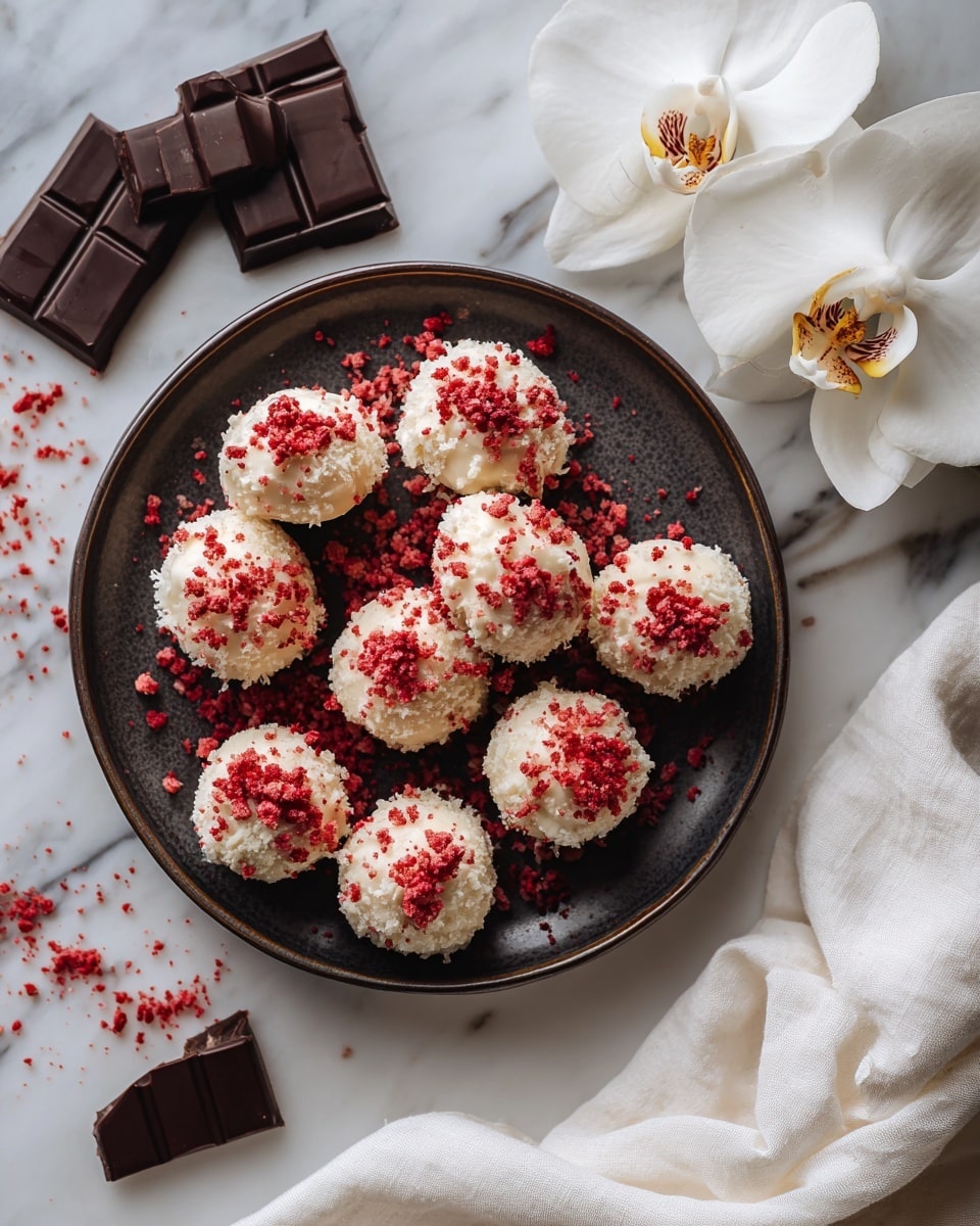 A dark round plate filled with around eleven bite-sized dessert pieces, each covered in a white cream layer with red crumbly bits sprinkled unevenly on top and around. The pieces are irregularly shaped, showing a soft and fluffy texture beneath the red crumb layer. Near the top left of the plate, there are some squares of dark chocolate adding a deep brown contrast. The background features a white marbled surface, scattered red crumbs, and a beautiful white orchid flower with a yellow and brown center on the top right. A white cloth is softly draped at the bottom right edge of the frame. photo taken with an iphone --ar 4:5 --v 7