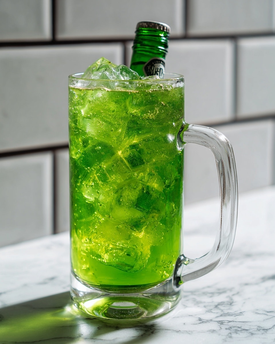 A tall clear glass mug filled with a bright green drink layered with visible ice cubes throughout. The glass is full, and a small green bottle with a white label is placed upside down in the top of the drink. The background shows white tiles with black grout, and the mug sits on a white marbled surface. photo taken with an iphone --ar 4:5 --v 7