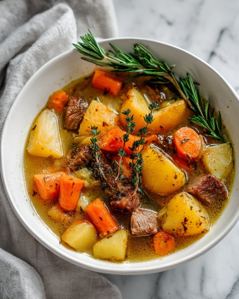 The image shows a white bowl filled with a rustic stew containing chunky pieces of orange carrots, golden potatoes, and brown chunks of meat in a light broth. Fresh green rosemary and thyme sprigs lie on top, adding a touch of color and freshness. The vegetables have a soft, cooked texture, while the meat looks tender and well-seasoned. The bowl is set on a white marbled surface with soft lighting highlighting the colors and textures of the stew photo taken with an iphone --ar 4:5 --v 7