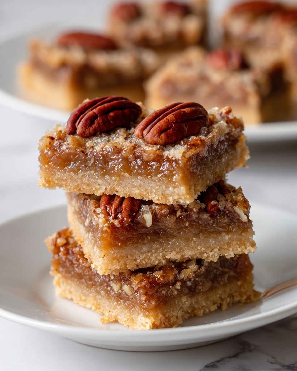 The image shows a stack of four square pecan dessert bars on a white plate, each bar having three visible layers: a golden-brown crust at the bottom, a gooey, light amber filling with small nut pieces throughout in the middle, and a top layer adorned with whole, glossy pecans arranged evenly. The texture of the bars looks moist and slightly crumbly on the edges, with the pecans giving a shiny, firm contrast on top. The stack is on a white marbled surface, with another white plate holding more bars blurred in the background. The lighting is natural and warm, emphasizing the textures and colors well. photo taken with an iphone --ar 4:5 --v 7