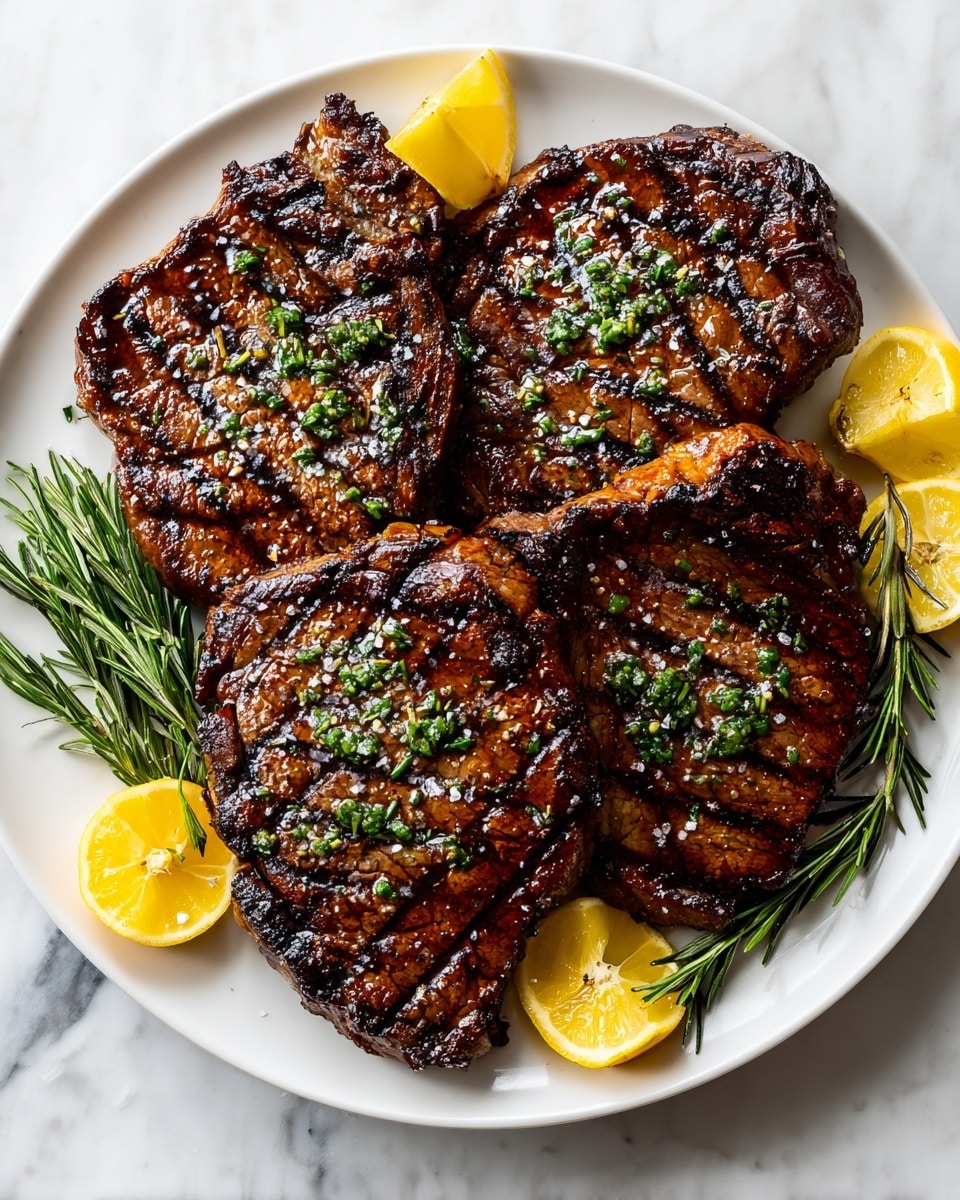 Three thick grilled steaks with dark grill marks and a shiny, juicy surface are arranged on a large white plate. The steaks are topped with small green herb pieces and coarse salt, giving them a fresh and seasoned look. Bright yellow lemon wedges are placed around the edges of the plate, adding color contrast. Sprigs of fresh green rosemary rest on top of the steaks and around the plate. The whole setting is on a white marbled surface. photo taken with an iphone --ar 4:5 --v 7