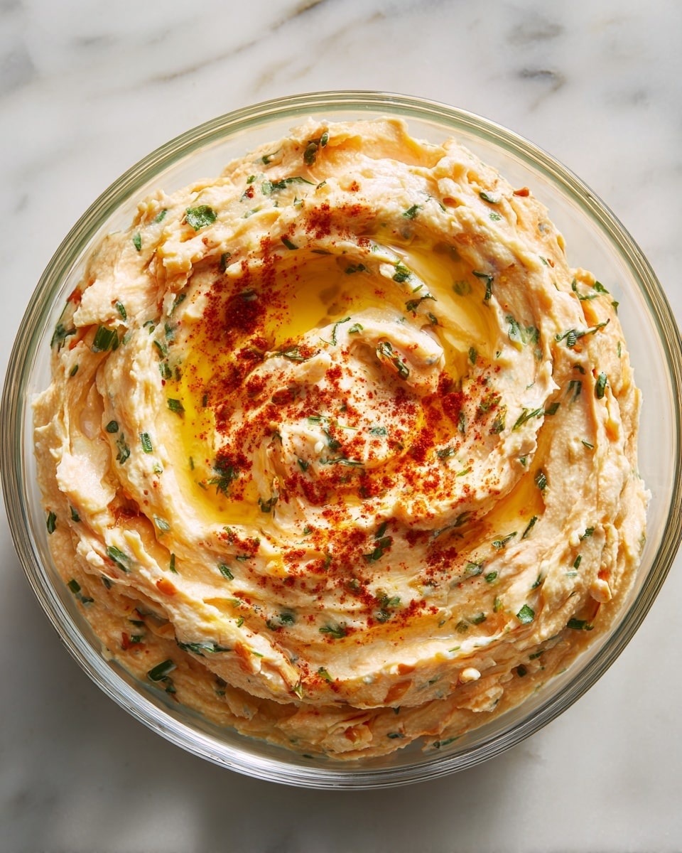 A clear glass bowl filled with a creamy, thick orange dip that has light green herb pieces mixed evenly throughout. The surface is swirled in a circular motion, with a small pool of red oil pooled in the center and sprinkled with fine red spice powder, giving a textured look. The bowl is set on a white marbled surface. Photo taken with an iphone --ar 4:5 --v 7