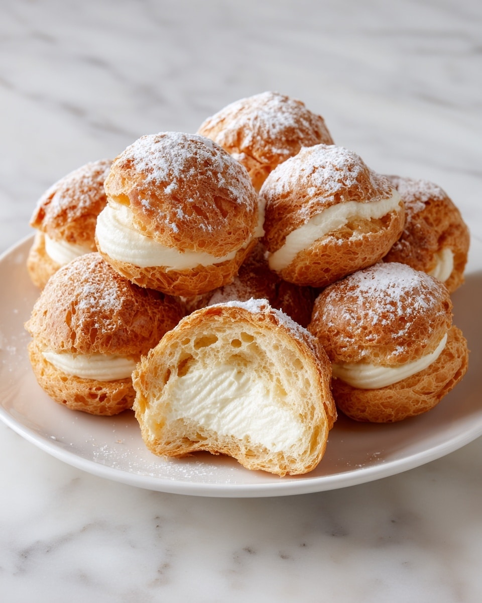 A white plate on a white marbled surface holds seven cream puffs arranged close together. Each cream puff is golden brown with a round shape, topped with a dusting of white powdered sugar. The texture of the puffs is slightly rough and flaky. In the foreground, one cream puff is cut open, showing its inside filled with smooth, white cream. The cream looks soft and thick, filling the hollow inside of the pastry. Photo taken with an iphone --ar 4:5 --v 7