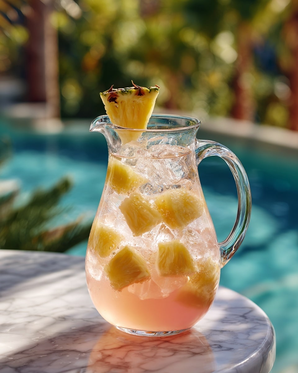 A clear glass pitcher filled with light pink juice containing small ice cubes and several yellow pineapple slice wedges with brown edges floating inside, with one larger pineapple wedge placed on the rim as garnish; the pitcher has a smooth, curvy shape with a handle and spout, set on a white marbled surface with a blurred blue pool and green foliage in the background, creating a fresh, tropical vibe. photo taken with an iphone --ar 4:5 --v 7