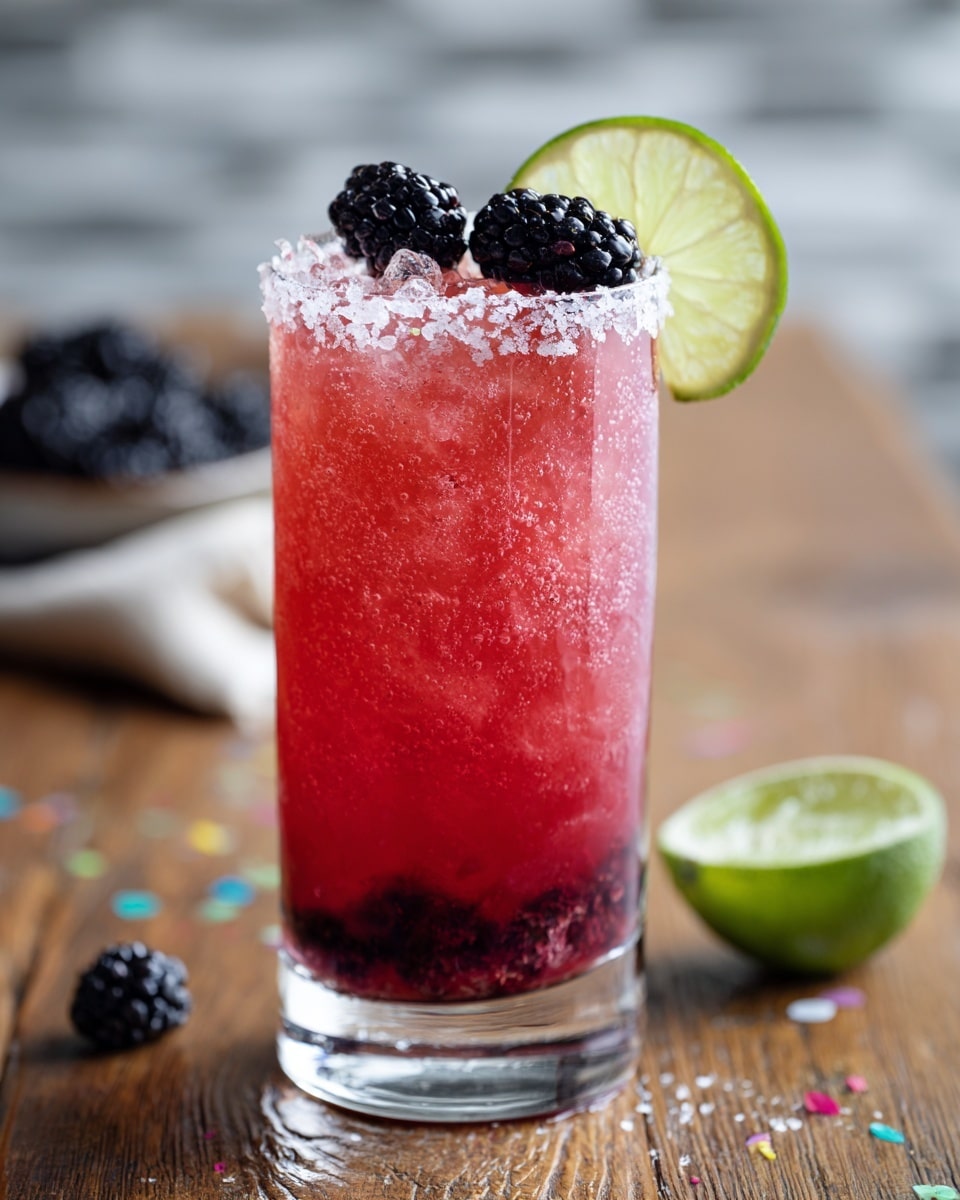 A tall clear glass filled with crushed ice and bright pink liquid, creating a textured and refreshing look, is topped with a dark purple blackberry layer just below the rim. The rim of the glass is coated with coarse white sugar crystals, adding a sparkly edge. On top, three fresh blackberries sit as garnish, with a thin, round lime slice placed on the side of the glass, adding a fresh green accent. The glass is placed on a white marbled surface with colorful napkins beside it. Photo taken with an iphone --ar 4:5 --v 7