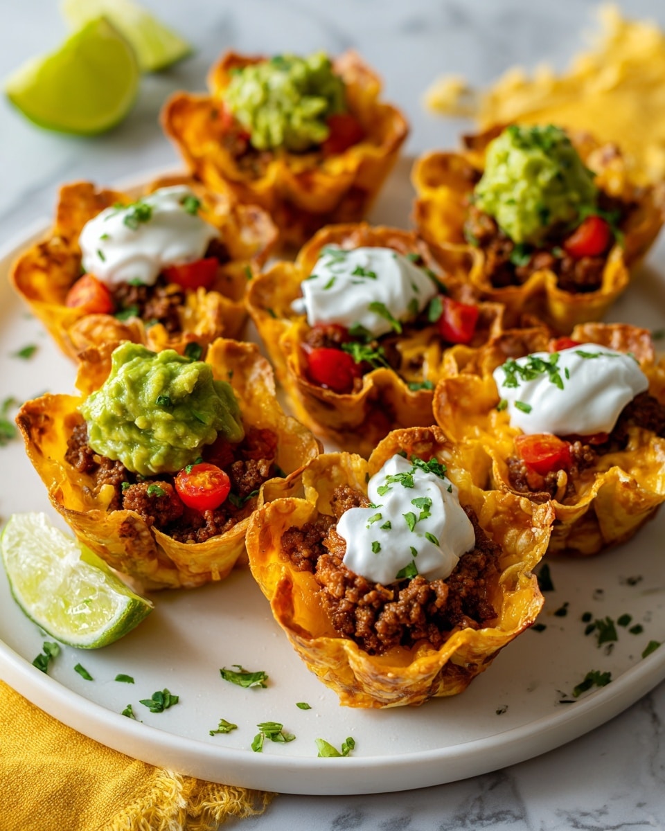 This image shows six crispy golden brown taco cups arranged on a round white plate with a white marbled background. Each taco cup has a crispy outer shell folded into a flower shape, filled with a bottom layer of melted orange cheddar cheese, topped with crumbled cooked ground meat, and garnished with three toppings: a dollop of white sour cream, a scoop of green guacamole, and small pieces of red cherry tomatoes. Finely chopped green herbs are sprinkled on top of the cups and scattered on the plate around them. The setting includes a slice of lime and a yellow cloth partially visible near the bottom right. photo taken with an iphone --ar 4:5 --v 7