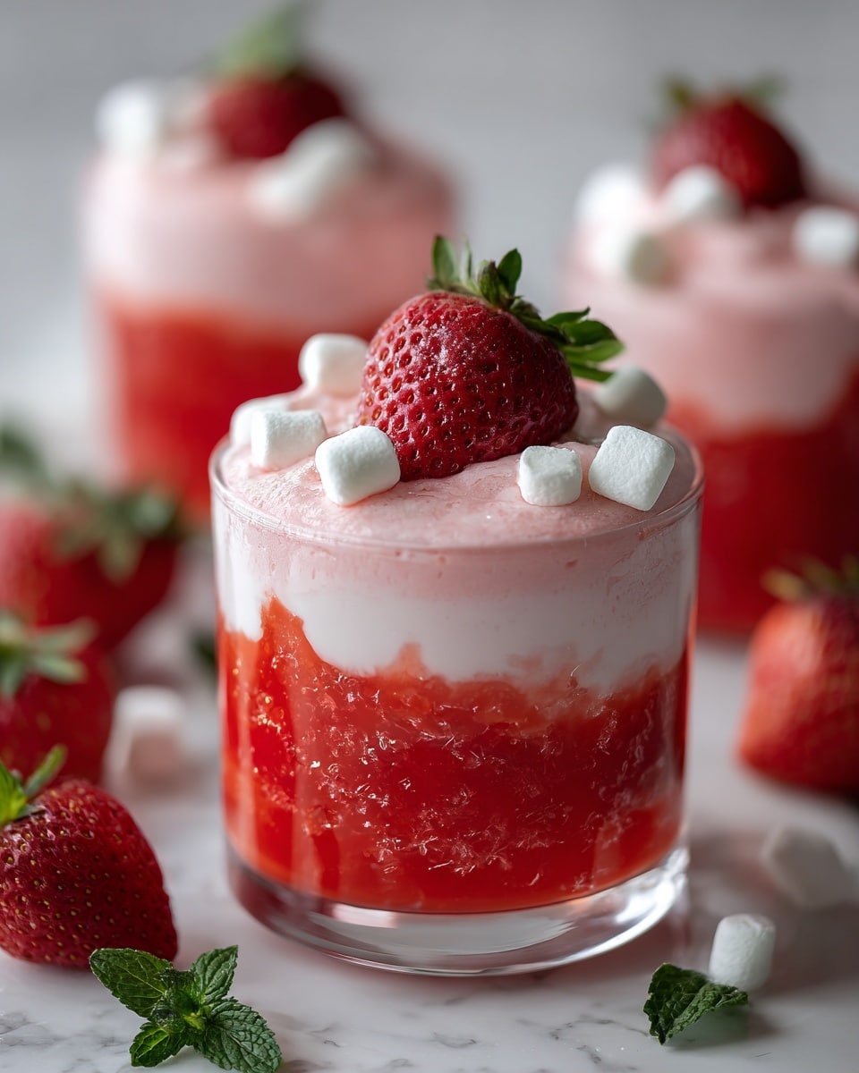The image shows clear glass cups filled with a two-layer dessert placed on a white marbled surface. The bottom layer is a bright red, slightly chunky strawberry sauce, while the top layer is a fluffy, light pink cream with a smooth texture. Each cup is topped with a whole red strawberry and a few small white marshmallows scattered on top. Around the cups, fresh strawberries and some green mint leaves are placed as decoration, with a few white marshmallows scattered on the surface. The focus is on the front cup, making the layers and toppings very clear. photo taken with an iphone --ar 4:5 --v 7