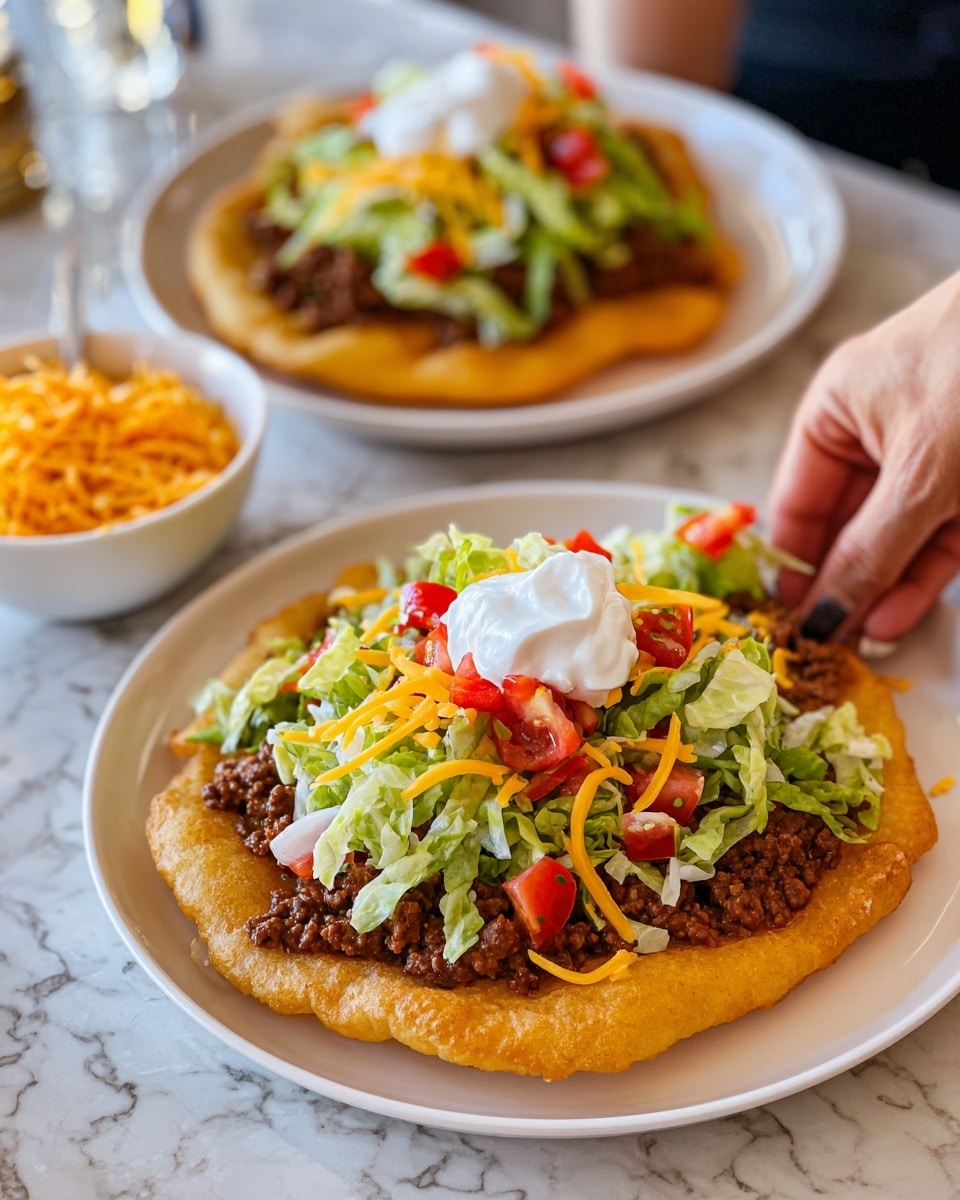 The image shows two Navajo tacos on round white plates with a white marbled table surface. Each taco has a thick, golden brown fry bread as the base, with a crunchy and slightly bubbly texture. The first layer on the fry bread is a bed of cooked ground beef that looks moist and brown. On top of the beef, there is a layer of bright green chopped lettuce and diced red tomatoes scattered evenly. Shredded yellow cheddar cheese is sprinkled over the vegetables, adding a coarse texture. The top center of each taco has a generous dollop of white sour cream, which is smooth and creamy. In the background, there is a small white bowl filled with shredded cheddar cheese. A woman's hand is seen holding the back taco from the side. photo taken with an iphone --ar 4:5 --v 7