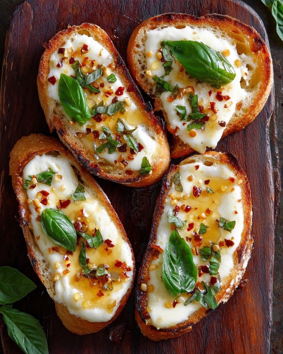 The image shows four square pieces of bread toasted to golden brown on the edges, each topped with a thick, creamy white layer of melted cheese. Over the cheese, there is a shiny, amber honey glaze drizzled unevenly, giving a glossy texture. Small green basil leaves are placed on top of each piece, along with a sprinkling of red chili flakes and dried herbs for added color and texture. The bread pieces rest on a dark wooden board, set against a white marbled background. photo taken with an iphone --ar 4:5 --v 7
