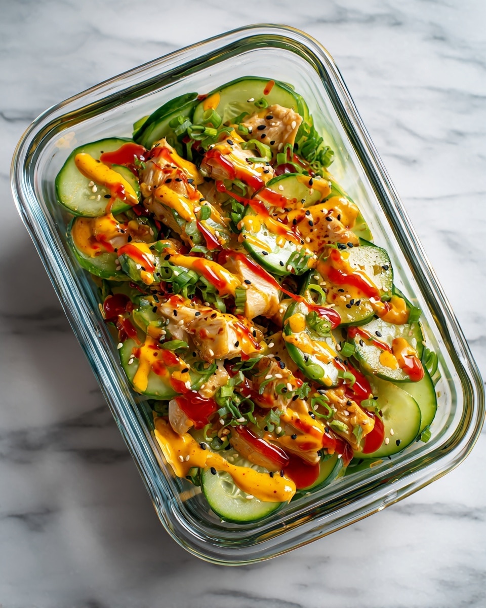 The dish is a close-up of a glass container filled with a fresh cucumber salad mixed with pieces of light-colored chicken. The salad has thinly sliced cucumber rounds with dark green skin and pale green interiors, layered closely together. Golden yellow sauce and bright red sauce are drizzled over the top, adding vibrant streaks across the salad. Small black and white sesame seeds are sprinkled evenly over the entire dish, contrasting with the smooth textures of cucumber and chicken. The glass container rests on a wooden surface. Photo taken with an iphone --ar 4:5 --v 7