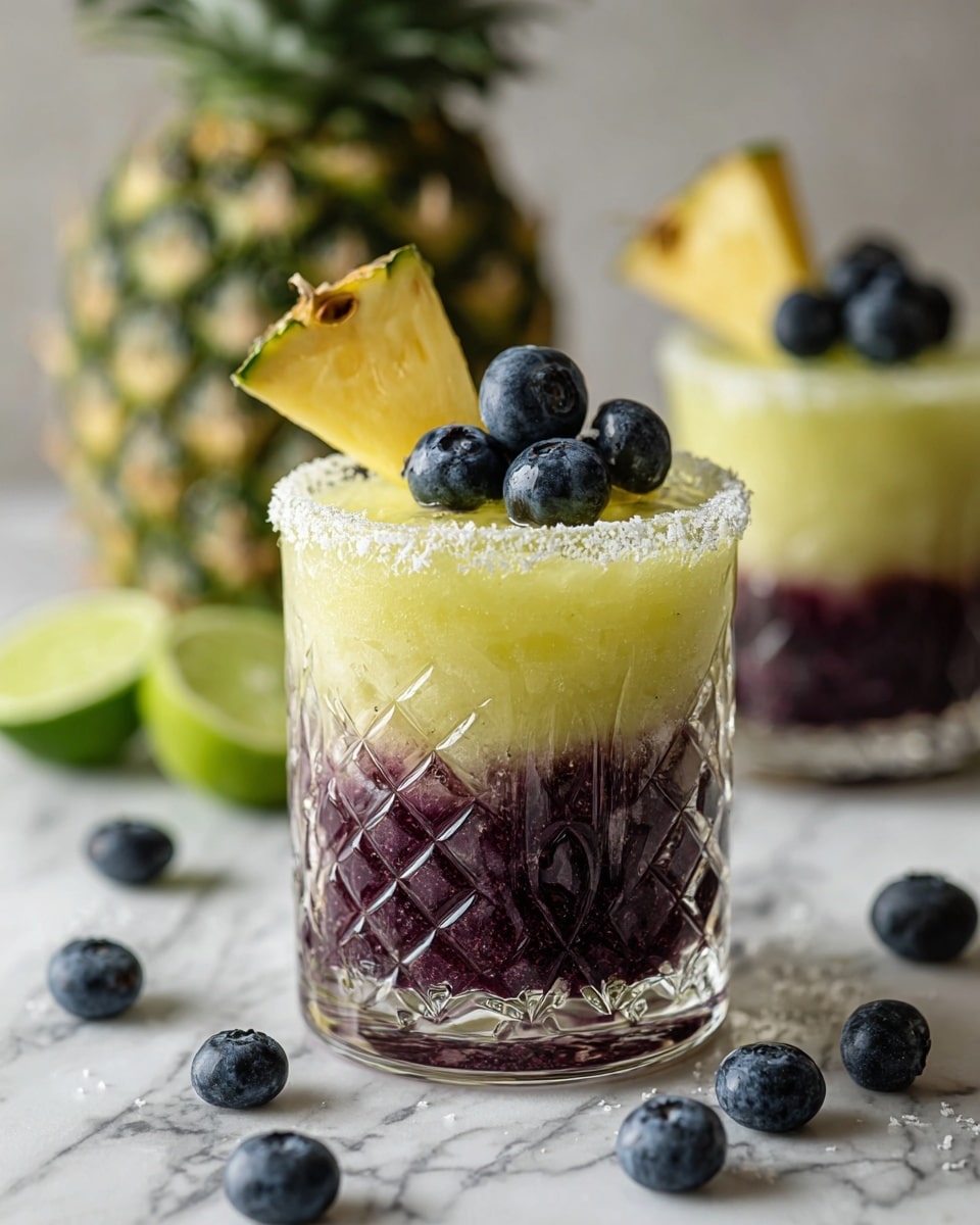 A clear glass with a diamond pattern holds a layered drink with three visible layers: the bottom layer has dark purple blueberries, the middle layer is a light yellow shade, and the top layer is almost clear with a coarse white salt rim around the glass top. A slice of bright yellow pineapple with green tips is placed on the right rim, and three whole blueberries float near the top surface. The background shows another identical drink, a whole pineapple, lime wedges, and scattered blueberries on a white marbled surface. Photo taken with an iphone --ar 4:5 --v 7