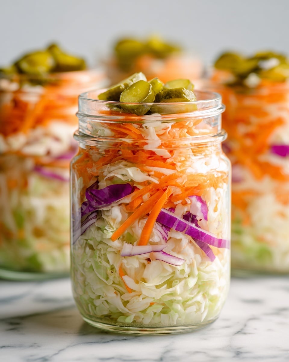 A clear glass jar filled with a layered salad consisting of shredded white cabbage, thin orange carrot strips, and thin light purple onion slices mixed together with small green pickle slices on top. The salad has a light, fresh look with the vegetables visible through the jar. In the background, there are similar jars slightly out of focus, all placed on a white marbled surface. photo taken with an iphone --ar 4:5 --v 7
