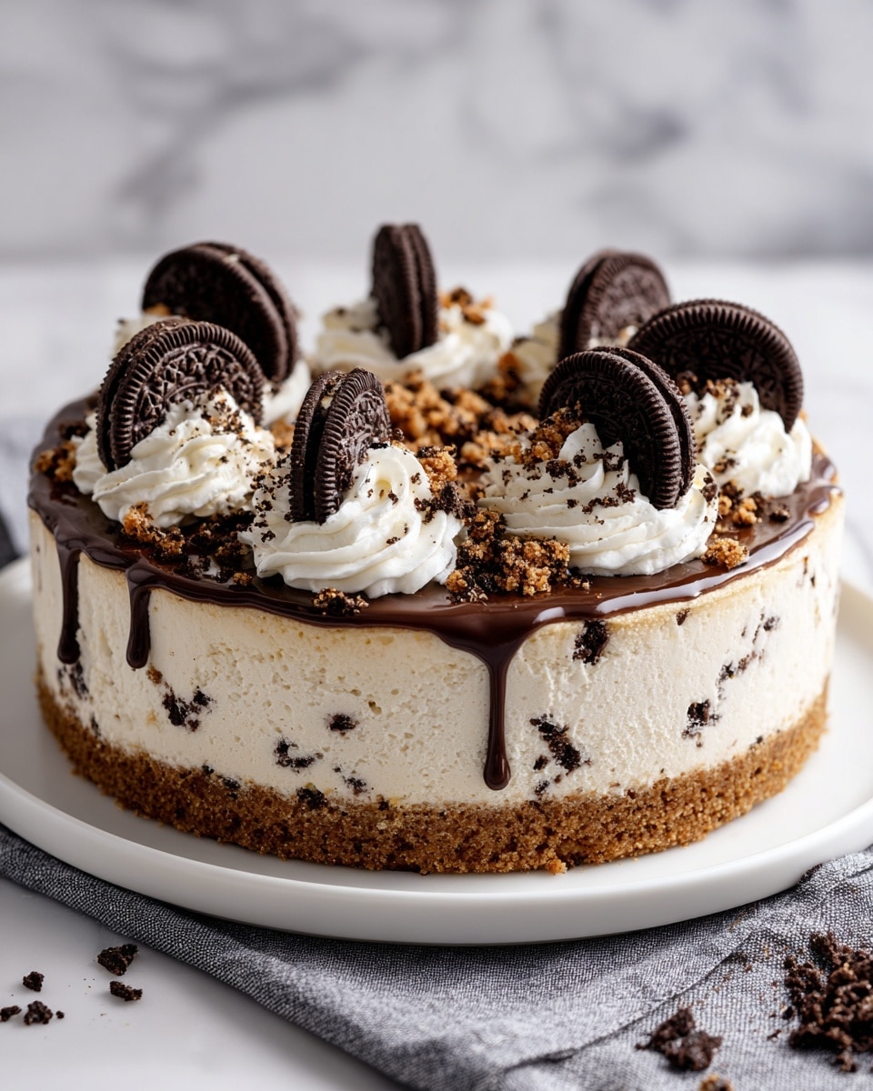 A round cookies and cream cheesecake with three visible layers sits on a white plate over a white marbled surface. The bottom layer is a brown crumbly crust, followed by a thick off-white cheesecake middle layer filled with dark cookie pieces. The top layer is decorated with white whipped cream swirls arranged in a ring, each swirl topped with a half of a dark chocolate sandwich cookie. Some dark chocolate sauce drips down from the top edges, and crushed cookie crumbs are sprinkled over the whipped cream. Photo taken with an iphone --ar 4:5 --v 7