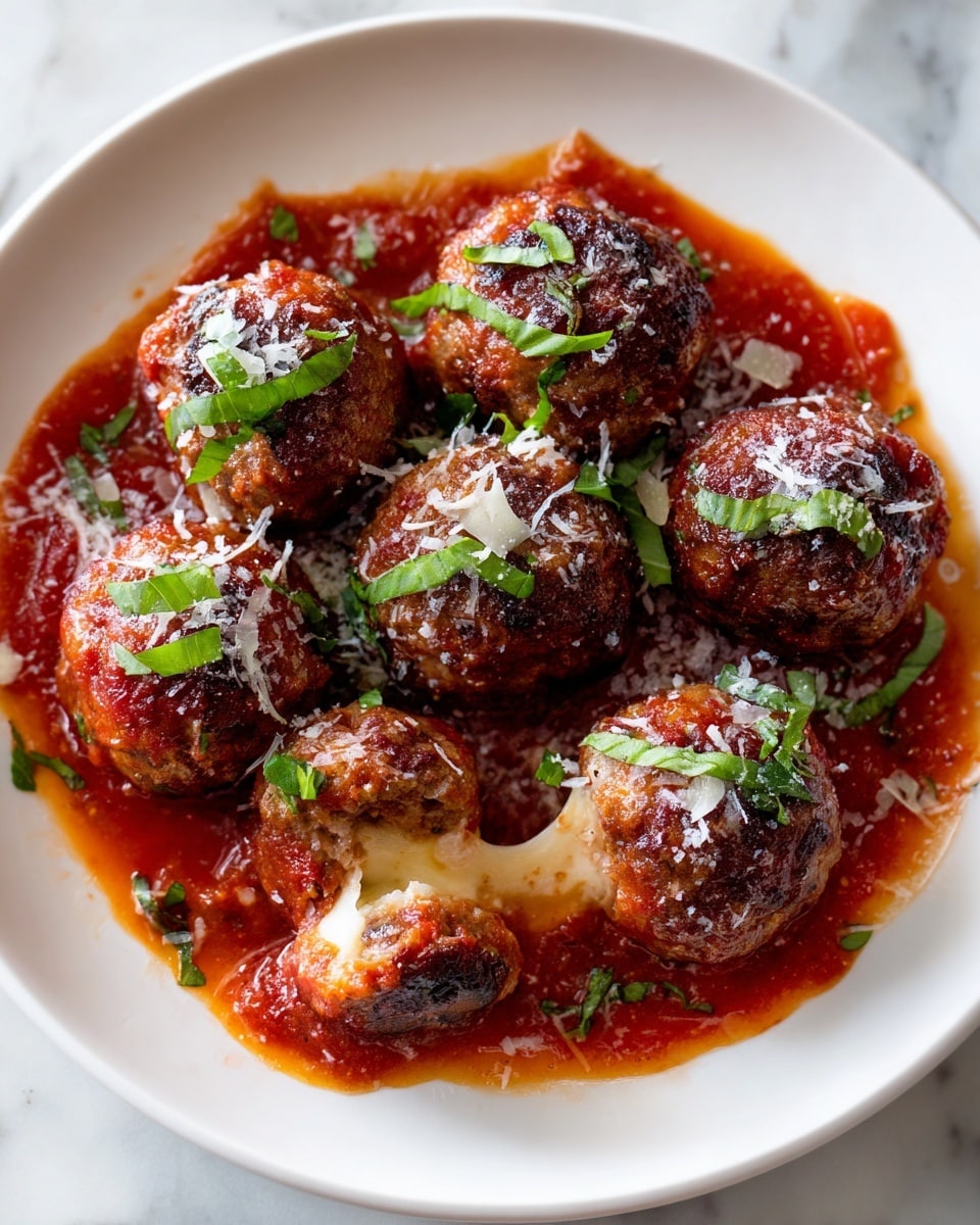 The image shows a white plate filled with eight browned meatballs sitting in a rich, red tomato sauce. One meatball in the front is cut open, revealing melted white cheese oozing out. The meatballs are topped with small chopped green herbs and sprinkled with grated cheese. The tomato sauce around them looks thick with a slightly shiny texture. The background is a white marbled surface. photo taken with an iphone --ar 4:5 --v 7