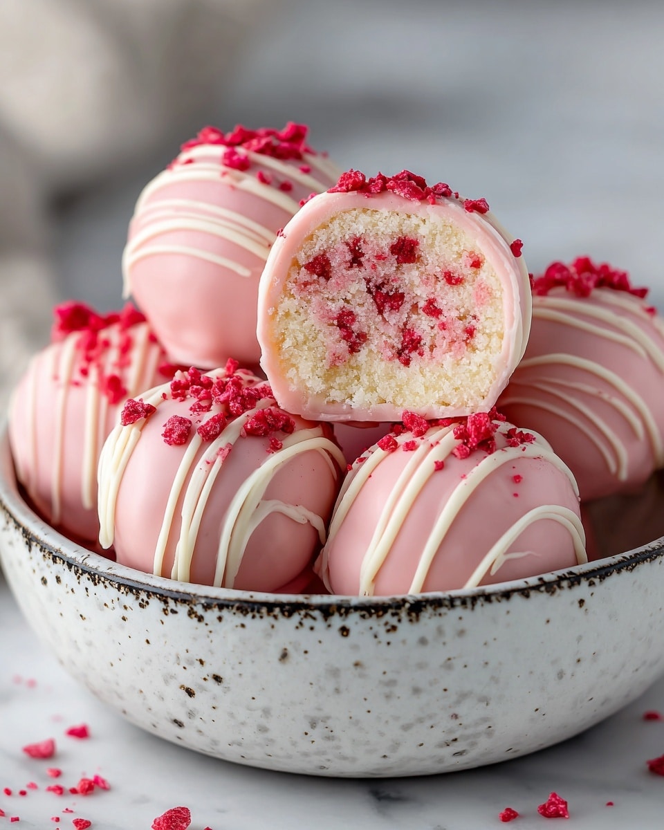 A close-up view of round cake balls coated in smooth pale pink chocolate, each decorated with thin white chocolate drizzle lines across the top and sprinkled with small red cake crumbs. One cake ball is cut in half and placed on top, revealing its inside layers: a top layer of creamy light yellow filling and a bottom layer of moist red cake, all covered in the pink coating. The cake balls sit closely together in a white speckled bowl, set on a white marbled texture. photo taken with an iphone --ar 4:5 --v 7