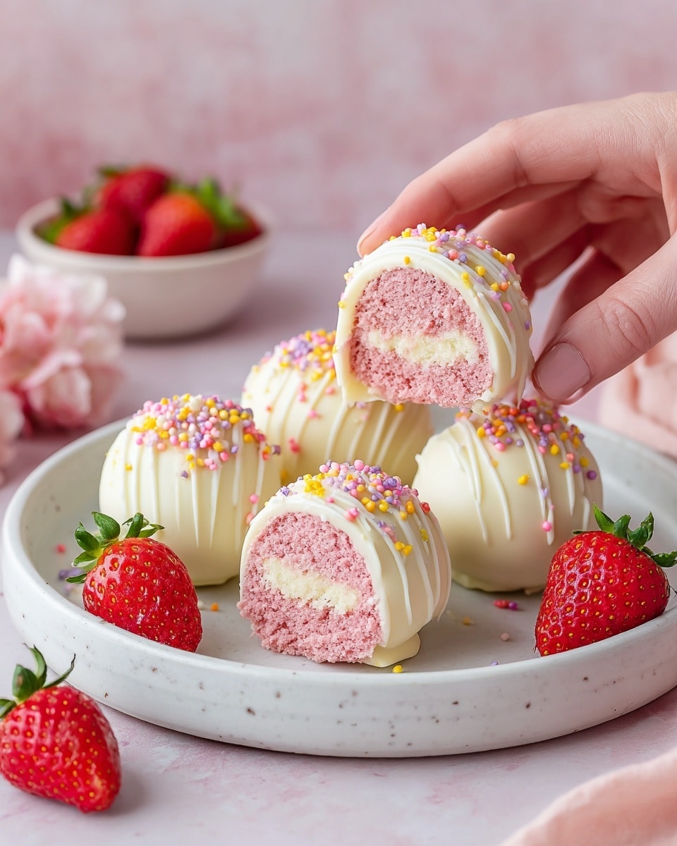 The image shows six round cake balls arranged on a white round plate on a white marbled surface. Each cake ball is coated with a smooth white chocolate layer that has thin white chocolate lines drizzled across the top. One cake ball in the front is cut in half, revealing three layers inside: a pink cake layer, a white cream layer with small pink bits, and another pink cake layer, all appearing soft and moist. The cake balls are decorated with small pastel-colored sprinkles on top. Around the plate, there are fresh whole strawberries, and a woman's hand softly holds the plate from the back. The background is soft pink, adding a gentle contrast to the white and pink colors of the cake balls. photo taken with an iphone --ar 4:5 --v 7