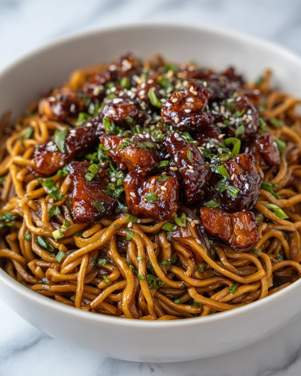 A white bowl filled with a large serving of stir-fried noodles, showing two main layers. The bottom layer is golden brown noodles coated in a glossy sauce, twisted and piled high, with bits of green leafy vegetables mixed in. The top layer has pieces of browned, glazed chicken chunks scattered throughout, sprinkled with sesame seeds and chopped green onions for extra color and texture. The bowl sits on a white marbled surface, and the focus is close, showing the shine and detail of the dish. photo taken with an iphone --ar 4:5 --v 7